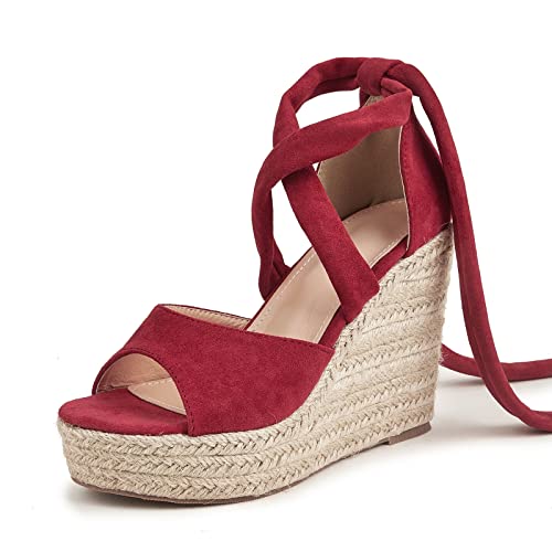 Omeslike Damen-Schnürsandalen mit Keilabsatz, Sandalen mit Plateauabsatz, lässige Sommer-Strandschuhe, Schuhe für Hochzeitsfeiern,Rot,43 von Omeslike