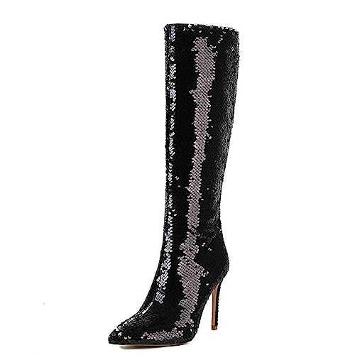 Omeslike Damen-Stiefel mit Glitzer-Pailletten, kniehohe Stiefel, glitzernde, spitze Zehen-Stiefel mit hohem Absatz für Frauen, sexy Babes, Halloween, Weihnachten, Cosplay, lange Stiefel,Schwarz,37 von Omeslike