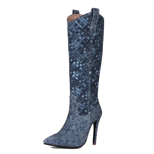 Omeslike Damen-Stiefel mit Stilettos und hohen Absätzen, spitzer Zehenbereich, kniehohe Stiefel, modische Party, elegante Stripper-Absätze für Frauen,Blau,36 von Omeslike