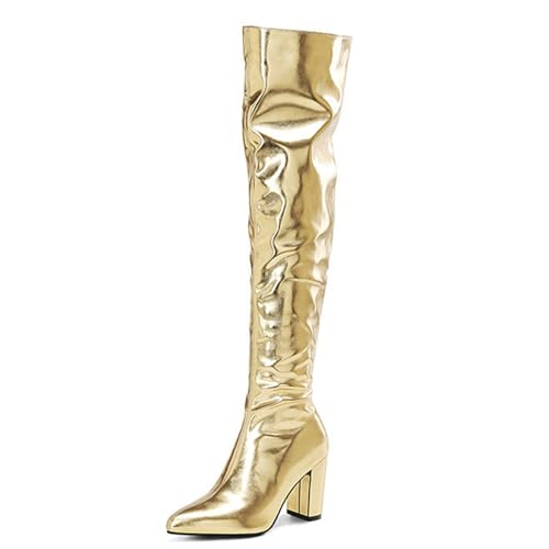 Omeslike Damen-Stiefel mit klobigem Absatz und hohem Absatz, spitzer Zehenbereich, Reißverschluss, enge hohe Stiefel, Overknee-Stiefel, Gothic-Punk-Motorrad-Kampfstiefel,Gold,39 von Omeslike