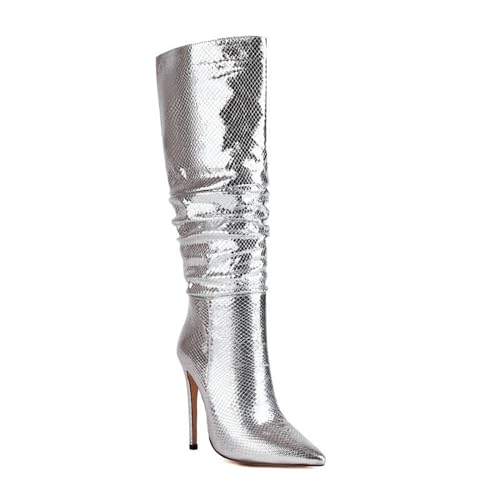 Omeslike Damen-Stiefel mit spitzer Zehenpartie, Glitzer, GOGO-Stiefel, kniehohe Stiefel, Stiletto-Absätze, zum Überziehen, modischer Herbst-Winter-hoher Stiefel,Silber,43 von Omeslike