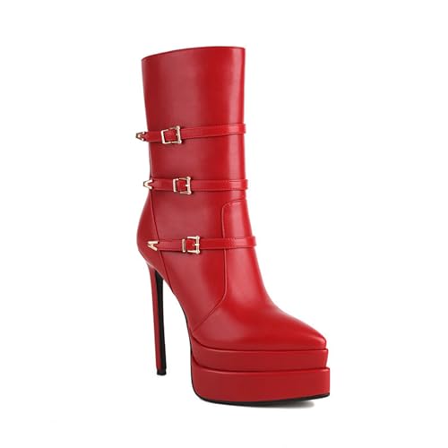 Omeslike Damen-Stiefeletten mit Stiletto-Absatz und spitzem Zehenbereich, Plateau-Stiefeletten, modischer Herbst-Winter-Kurzstiefel mit seitlichem Reißverschluss, 15,2 cm,Rot,43 von Omeslike