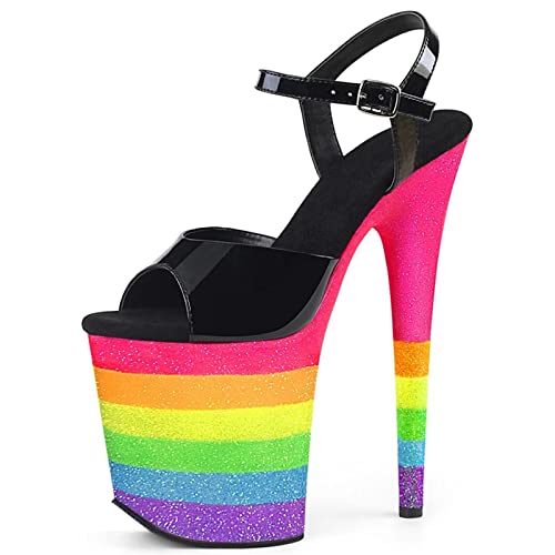 Omeslike Herren Damen 20,3 cm Stiletto High Heels, Plateausandalen mit Regenbogenstreifen, Stripper Club Pole Dancing Heels, Hochzeitsfeier, Abendkleid, Schuhe in Übergröße,Schwarz,39 von Omeslike