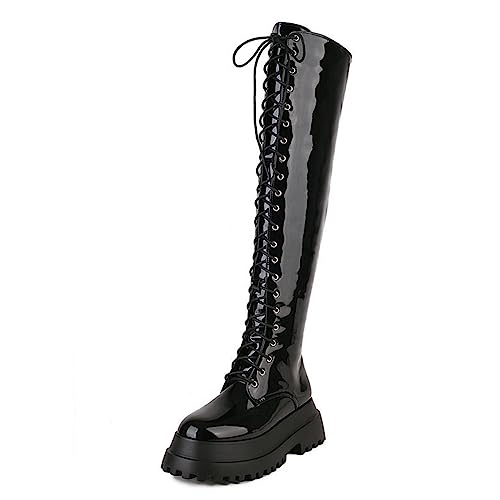 Omeslike Kniehohe Kampfstiefel für Damen, Flache Stiefel mit niedrigem Absatz und mittlerer Wade für Damen, modische hohe Stiefel aus Kunstleder im Herbst und Winter,Glossy Black,44 von Omeslike