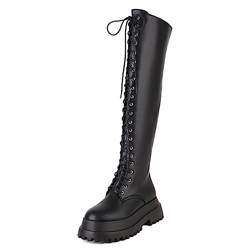 Omeslike Kniehohe Kampfstiefel für Damen, flache Stiefel mit niedrigem Absatz und mittlerer Wade für Damen, modische hohe Stiefel aus Kunstleder im Herbst und Winter,Matt black,41 von Omeslike