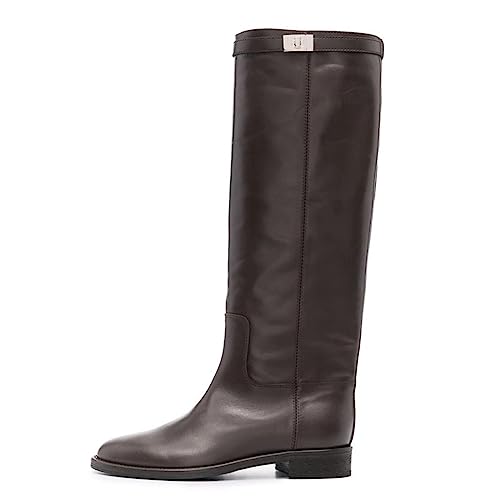 Omeslike Lässige, kniehohe Damen-Reitstiefel im Vintage-Stil mit runder Zehenpartie, flache Stiefel mit niedrigem Absatz und mittlerer Wade für Damen, hohe Herbst-Winter-Stiefel,Braun,38 von Omeslike