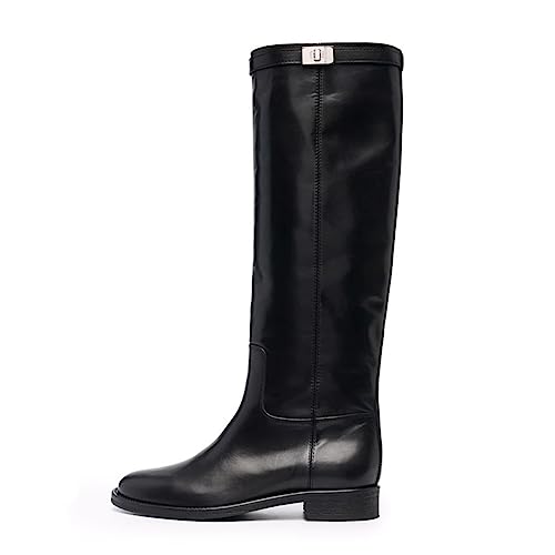 Omeslike Lässige, kniehohe Damen-Reitstiefel im Vintage-Stil mit runder Zehenpartie, flache Stiefel mit niedrigem Absatz und mittlerer Wade für Damen, hohe Herbst-Winter-Stiefel,Schwarz,36 von Omeslike