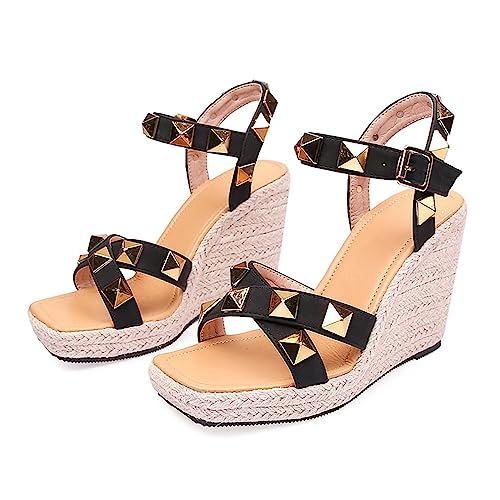 Omeslike Lässige Sommer-Espadrille-Keilplattform-Sandale für Damen, High Heels, Schnalle, Knöchelriemen-Sandalen, Hochzeitsfeier, Pumps, Schuhe,Schwarz,45 von Omeslike