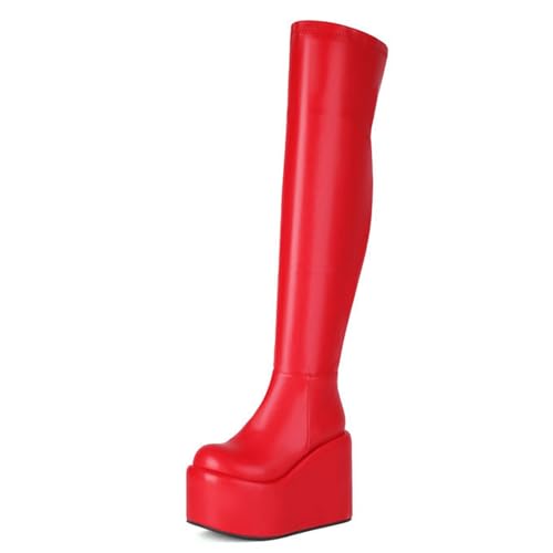Omeslike Overknee-Stiefel für Damen, Plateau-Keilabsatz, runder Zehenbereich, Reißverschluss, Oberschenkelhohe Stiefel, Gothic-Punk-Motorrad-Kampfstiefel,Rot,39 Omeslike Overknee-Stiefel für Damen, Plateau-Keilabsatz, runder Zehenbereich, Reißverschluss, Oberschenkelhohe Stiefel, Gothic-Punk-Motorrad-Kampfstiefel,Rot,39 von Omeslike