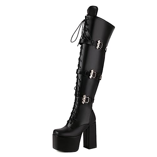 Omeslike Overknee-Stiefel für Damen, Plateau-Klobige Block-High-Heel-Rundzehen-Reißverschluss-Enge Hohe Stiefel, Gothic-Punk-Motorrad-Kampfstiefel,Matte black,41 von Omeslike