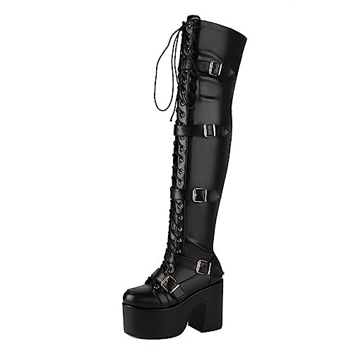 Omeslike Overknee-Stiefel für Damen, Plateau-Klobige Block-High-Heel-Rundzehen-Reißverschluss-Enge Hohe Stiefel, Gothic-Punk-Motorrad-Kampfstiefel,Schwarz,44 von Omeslike