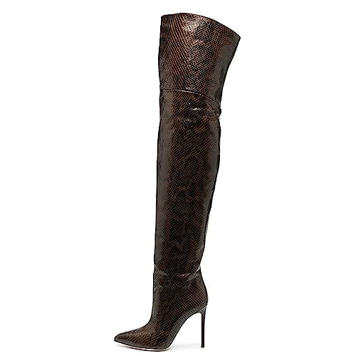 Omeslike Overknee-Stiefel mit Serpentinen-Stiletto-Absatz für Damen, hohe Absätze, oberschenkelhoher Stiefel aus PU-Leder, Herbst- und Wintermode, hohe Reitstiefel,Braun,40 von Omeslike