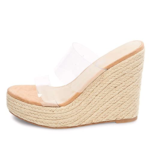 Omeslike Unisex Plus Size Damen Espadrille Plateau Sandalen mit Keilabsatz, durchsichtige Peep-Toe-Sandalen, lässige Sommer-Strandschuhe, Schuhe für Hochzeitsfeiern,Clear,38 von Omeslike