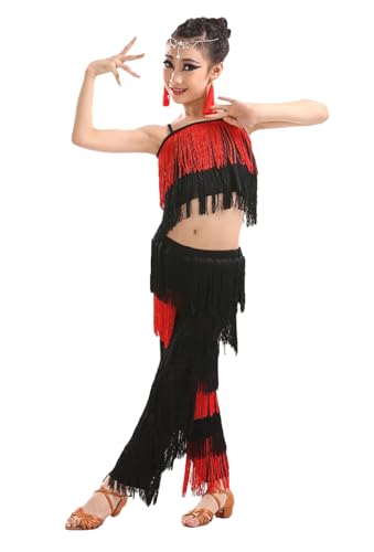 Omfpafeu Mädchen Fransen Latein Tanz Kostüme Professionelle Bühne Tänzerin Performance Anzug Kleid Samba Rumba Cha Cha Kleider,Black + Big red,150 von Omfpafeu