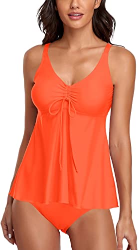 Omichic Tankini-Badeanzüge für Damen, zweiteilig, bescheidenes Blouson-Tankini-Top mit Bikinihose, Orange/Abendrot im Zickzackmuster (Sunset Chevron), XX-Large von Omichic