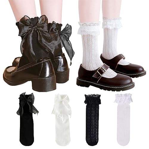 2 Paare Spitzen Rüschen Socken+2 Paare Rüschen Socken mit Böge,Socken mit Rüschen Damen,Söckchen mit Rüschen,Rüschen Socken Damen,Socken Rüschen Damen,Dirndl Socken,für Lolita Dress,Kawaii Clothes von Omlalayi