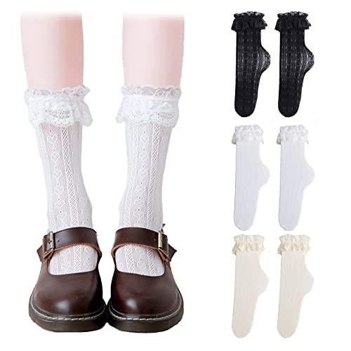 Omlalayi 3 Paare Spitzen Rüschen Socken,Söckchen mit Rüschen,Spitzen Knöchel Socken Rüschen Trachtensocken Damen,Spitzensocken,Dirndl Socken Damen,für Gothic Kleidung Damen,Coquette Cothes von Omlalayi