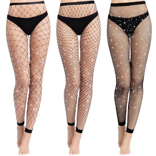 Omlalayi 3 Stück Netzstrumpfhose Glitzer, Damen Fußlose Netzstrumpfhosen, Strass Netzstrümpfe Fußlos Fischnetz Strumpfhosen, Netz Leggings Ohne Zehen, Schwarz Hoher Taille Fußlose Gotisch Netzstrümpfe von Omlalayi