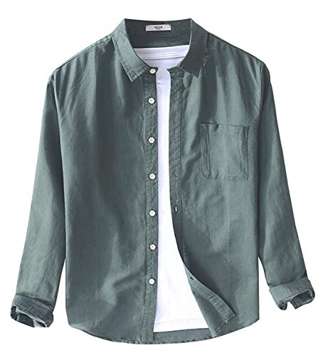 Ommda Herren 100% Leinen Hemden Freizeit Leinenhemd Langarm Button Down Deep Grün XL von Ommda