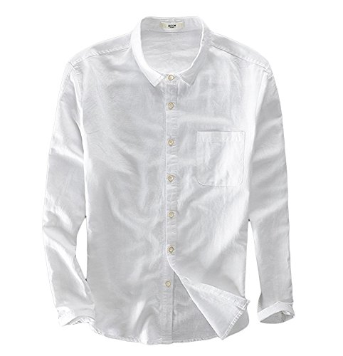 Ommda Herren 100% Leinen Hemden Freizeit Leinenhemd Langarm Button Down Weiß XL von Ommda