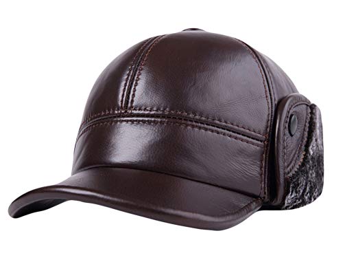 Ommda Herren Leder Baseball Cap Winter mit Ohrenklappen Plush Basecap Wintercap Wintermütze Dunkelbraun XL (Kopfumfang 59-60cm) von Ommda