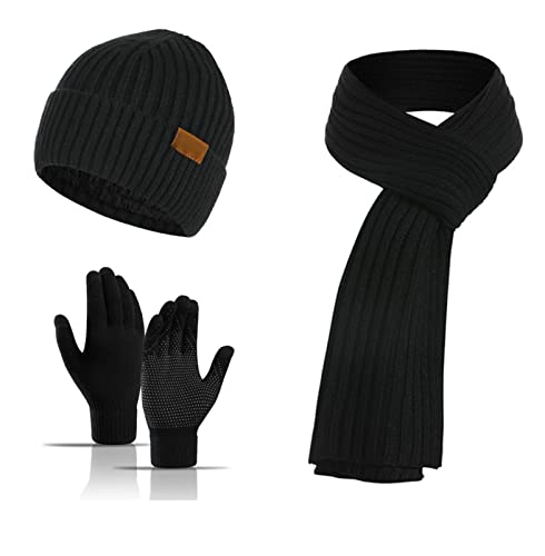 Ommda Herren Wintermütze Schal Handschuhe Set Warme Schal Strickschal Dick Fleecefutter Beanie Touchscreen Handschuhe Set für Damen und Herren Schwarz von Ommda