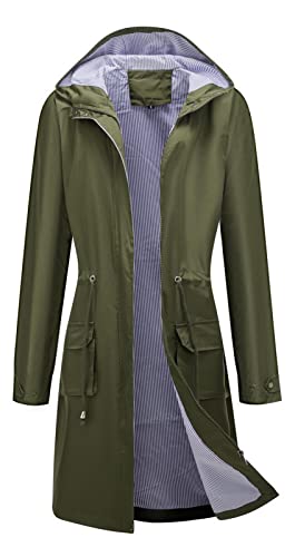 Ommda Leichter Wasserdichter Langer Trenchcoat mit Kapuze für Damen, Winddichte Regenjacke mit Reißverschluss, Außenbereich Poncho, M, Armeegrün von Ommda