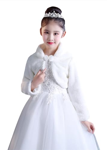 Ommda Mädchen Bolero Jacke Kunstpelz Langarm Warm Blumenmädchen Hochzeits Jäckchen für Hochzeit Party,Weiß,L (9-12Jahre) von Ommda