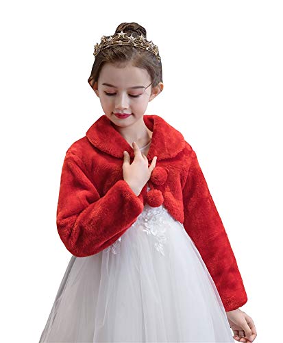 Ommda Mädchen Bolero Jacke Kunstpelz Langarm Warm Blumenmädchen Hochzeits Jäckchen für Hochzeit Party,rot,L (9-12Jahre) von Ommda