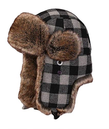 Ommda Wintermütze Winddicht Warme Fliegermütze Herren Damen Erwachsene Fellmütze mit Ohrenklappen Kunstfell Plaid Russisch Hut für Outdoor,Grau,S Kopfumfang: 56cm von Ommda