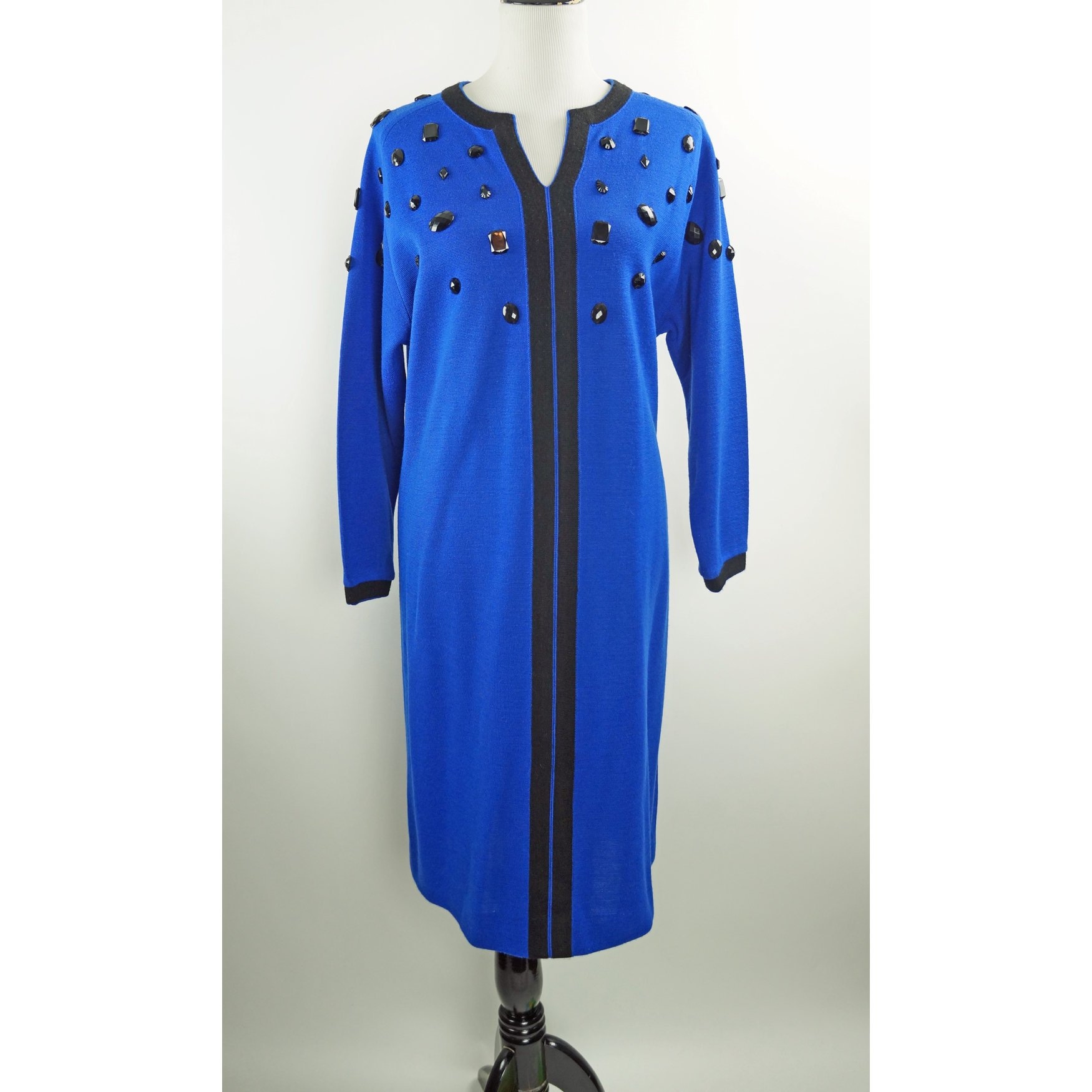 Vintage 80Er Pullover Kleid, Funkelnde Glas Kristall Verzierungen, Royalblau, Arthur Kohler By Tricoville Of London, Party, Anlass von OmnimodeVintage