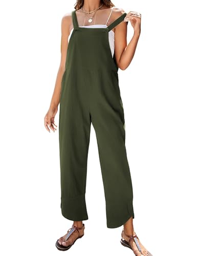Omoone Ärmelloser Damen-Jumpsuit aus Baumwolle, mit Trägern, lässiger Sommer-Lätzchen, Strampelanzug mit Taschen, Grün , Small von Omoone