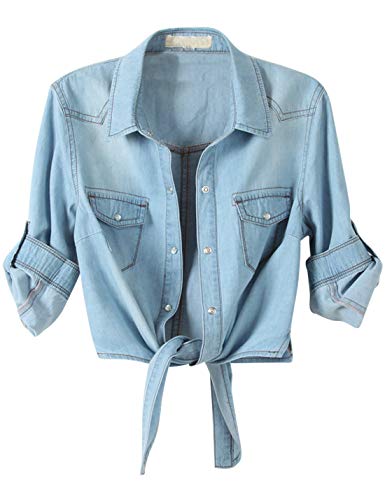 Omoone Damen 3/4-Ärmel Denim Crop Top Tie Knoten Shirt Cardigan - Blau - Groß von Omoone