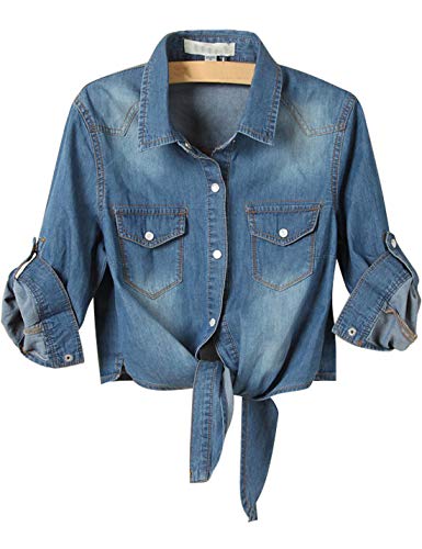 Omoone Damen 3/4-Ärmel Denim Crop Top Tie Knoten Shirt Cardigan - Blau - X-Klein von Omoone