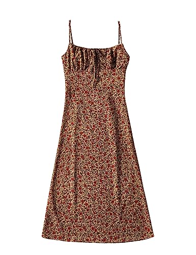 Omoone Damen Blumenkleid Low-Cut Square Neck Spaghettiträger Krawatte Bodycorn Kleider, gelb/rot, X-Groß von Omoone