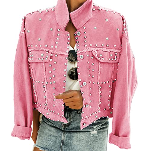 Omoone Damen-Jeansjacke, langärmelig, Nieten, leger, gewaschene Perlen, kurzer Jeansmantel, Pink, XXL von Omoone