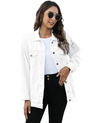 Omoone oversized, mittellange Damen-Denimjacke, Bikerjacke, Weiss/opulenter Garten, L von Omoone