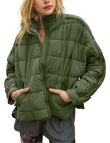 Omoone Damen Steppjacke Puffer Jacke Reißverschluss Übergroße Leichte Gepolsterte Daunenmantel Oberbekleidung, Grün (Army Green), XL von Omoone
