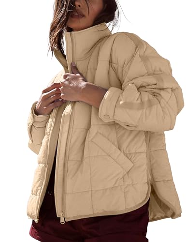 Omoone Damen Steppjacke Puffer Jacke Reißverschluss Übergroße Leichte Gepolsterte Daunenmantel Oberbekleidung, Khaki, M von Omoone