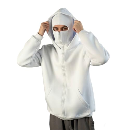 Omwnxy Sturmmaske Hoodie Herren Sweatjacke Sweatshirt Y2k Kapuzenpullover Mit Kapuze Reißverschluss Oversize Pullover (L,White) von Omwnxy