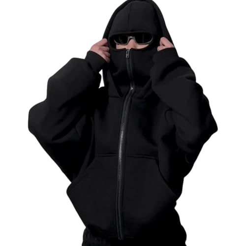 Omwnxy Sturmmaske Hoodie Herren Sweatjacke Sweatshirt Y2k Kapuzenpullover Mit Kapuze Reißverschluss Oversize Pullover (S,Black) von Omwnxy
