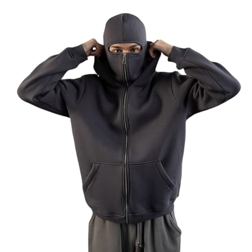 Omwnxy Sturmmaske Hoodie Herren Sweatjacke Sweatshirt Y2k Kapuzenpullover Mit Kapuze Reißverschluss Oversize Pullover (XXL,Grey) von Omwnxy
