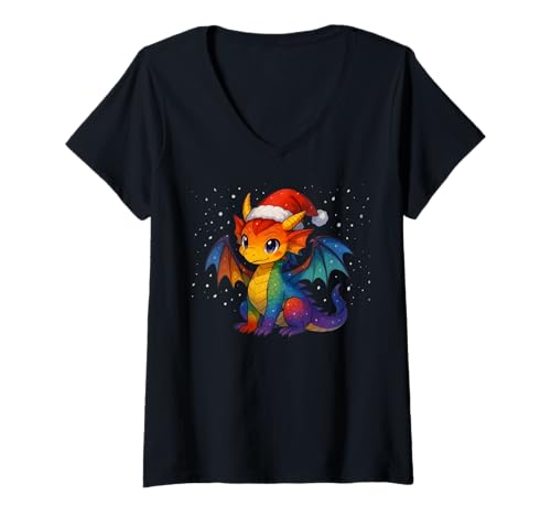 Damen Anime Baby Dragon Christmas Santa Rainbow LGBTQ Pride Snow T-Shirt mit V-Ausschnitt von On Point LGBT Styles