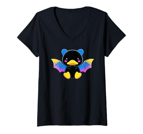 Damen Cute Anime Bat Duck Kawaii Pansexual Pan Pride Colors T-Shirt mit V-Ausschnitt von On Point LGBT Styles