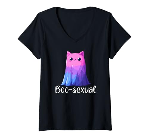 Damen Cute Bisexual Ghost Cat in Sheet Boo-Sexual Halloween Pun T-Shirt mit V-Ausschnitt von On Point LGBT Styles