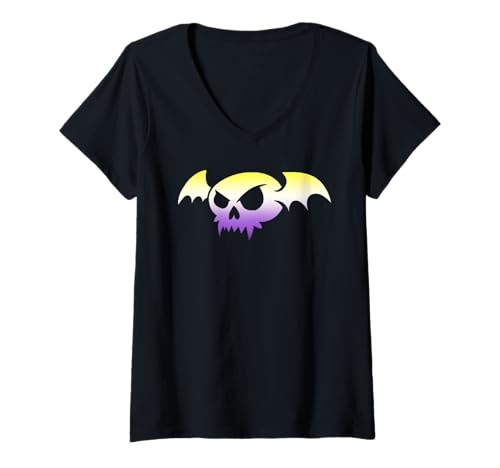 Damen Nonbinary Bat Vampire Skull Enby Pride Flag Goth Halloween T-Shirt mit V-Ausschnitt von On Point LGBT Styles