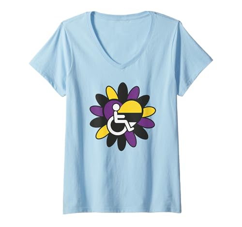 Damen Nonbinary Enby Pride Disabled Wheelchair Heart Flower Petals T-Shirt mit V-Ausschnitt von On Point LGBT Styles