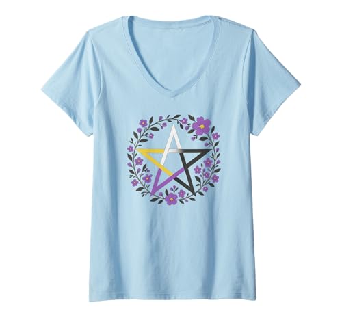 Damen Nonbinary Pentagram Wiccan Pagan Enby NB Pride Flag Boho T-Shirt mit V-Ausschnitt von On Point LGBT Styles