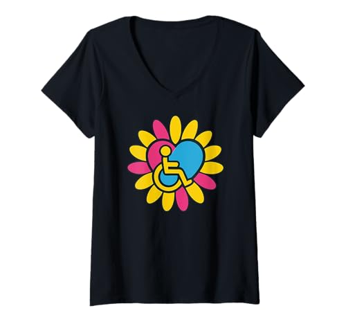 Damen Pansexual Pan Pride Disabled Wheelchair Heart Flower Petals T-Shirt mit V-Ausschnitt Damen Pansexual Pan Pride Disabled Wheelchair Heart Flower Petals T-Shirt mit V-Ausschnitt von On Point LGBT Styles