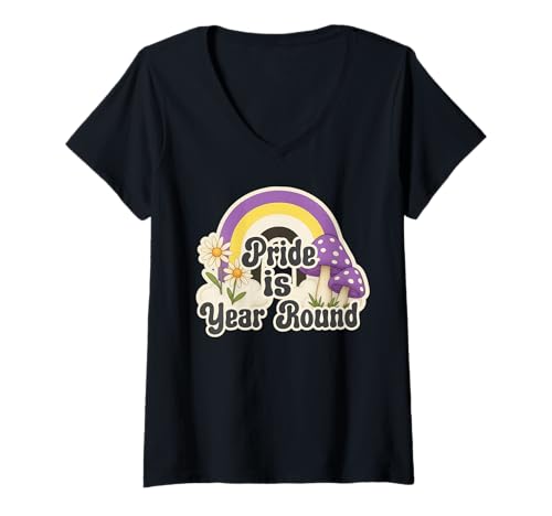 Damen Retro Rainbow Pride is Year Round Daisies Nonbinary Colors T-Shirt mit V-Ausschnitt von On Point LGBT Styles